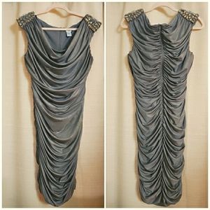Cache Metallic Ruched Stretch Holiday Party Dress Embroidered Shoulder